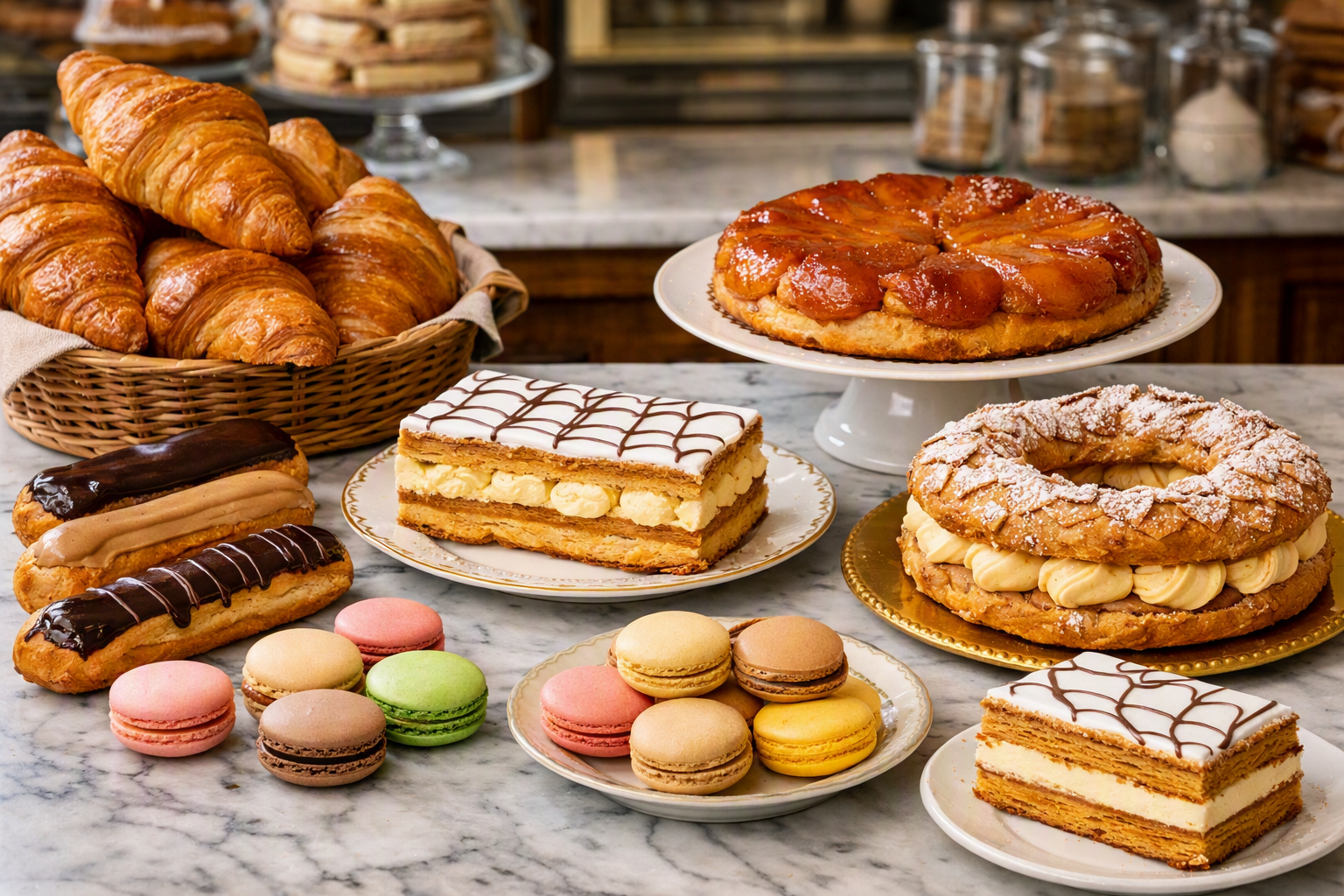A showcase of classic French pastries including croissants, éclairs, macarons, mille-feuille, tarte Tatin, and Paris-Brest, arranged on a marble counter in a traditional pâtisserie.