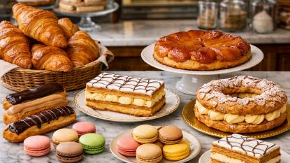 A showcase of classic French pastries including croissants, éclairs, macarons, mille-feuille, tarte Tatin, and Paris-Brest, arranged on a marble counter in a traditional pâtisserie.