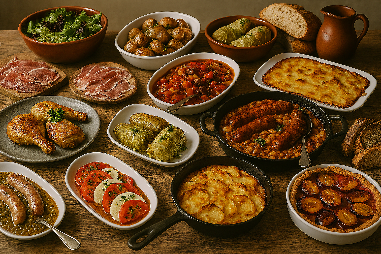 French country cuisine buffet arranged on a rustic wooden table outdoors under natural sunlight. The spread includes cassoulet in a cast iron skillet, golden roasted chicken legs, gratin dauphinois, ratatouille, cured ham, lentil salad with sausage, and stuffed cabbage rolls. Artisan breads and a caramelized plum and peach tart complete the scene. Dishes are served in ceramic bowls, earthenware platters, and vintage cookware, with wildflower arrangements and linen napkins adding pastoral charm. Ideal for content on French regional cooking, rustic buffet presentation, or countryside culinary traditions.