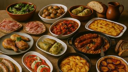 French country cuisine buffet arranged on a rustic wooden table outdoors under natural sunlight. The spread includes cassoulet in a cast iron skillet, golden roasted chicken legs, gratin dauphinois, ratatouille, cured ham, lentil salad with sausage, and stuffed cabbage rolls. Artisan breads and a caramelized plum and peach tart complete the scene. Dishes are served in ceramic bowls, earthenware platters, and vintage cookware, with wildflower arrangements and linen napkins adding pastoral charm. Ideal for content on French regional cooking, rustic buffet presentation, or countryside culinary traditions.