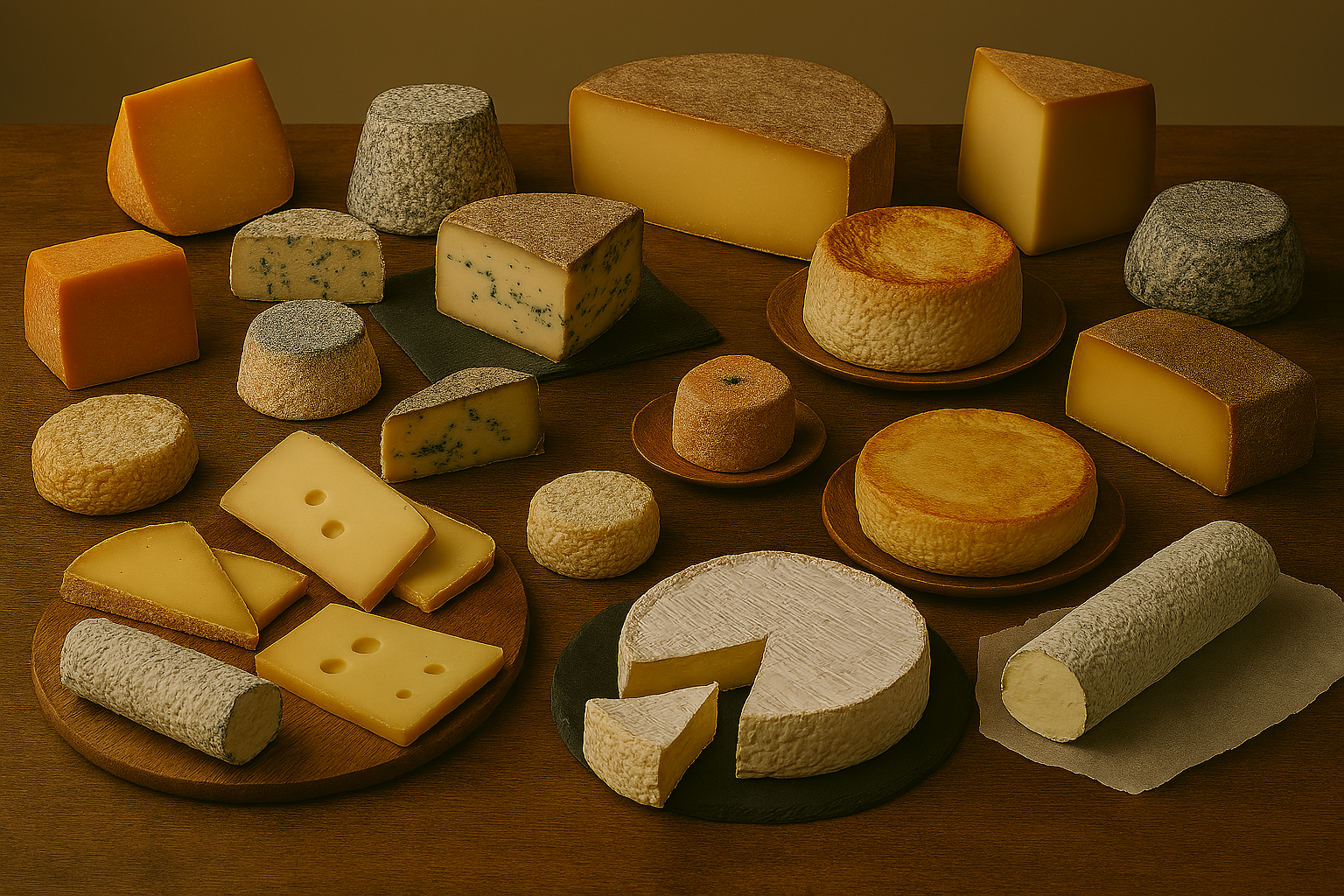 Assorted French cheeses displayed on a rustic wooden surface. The selection includes whole and sliced examples of Brie, Camembert, Roquefort, Comté, Époisses, Chèvre, Morbier, Mimolette, Saint-Marcellin, Tomme de Savoie, and Cantal. Each cheese is presented without accompaniments, highlighting its unique rind, texture, and interior. The arrangement features wooden boards and slate platters under soft ambient lighting, evoking a traditional French fromagerie or countryside kitchen.