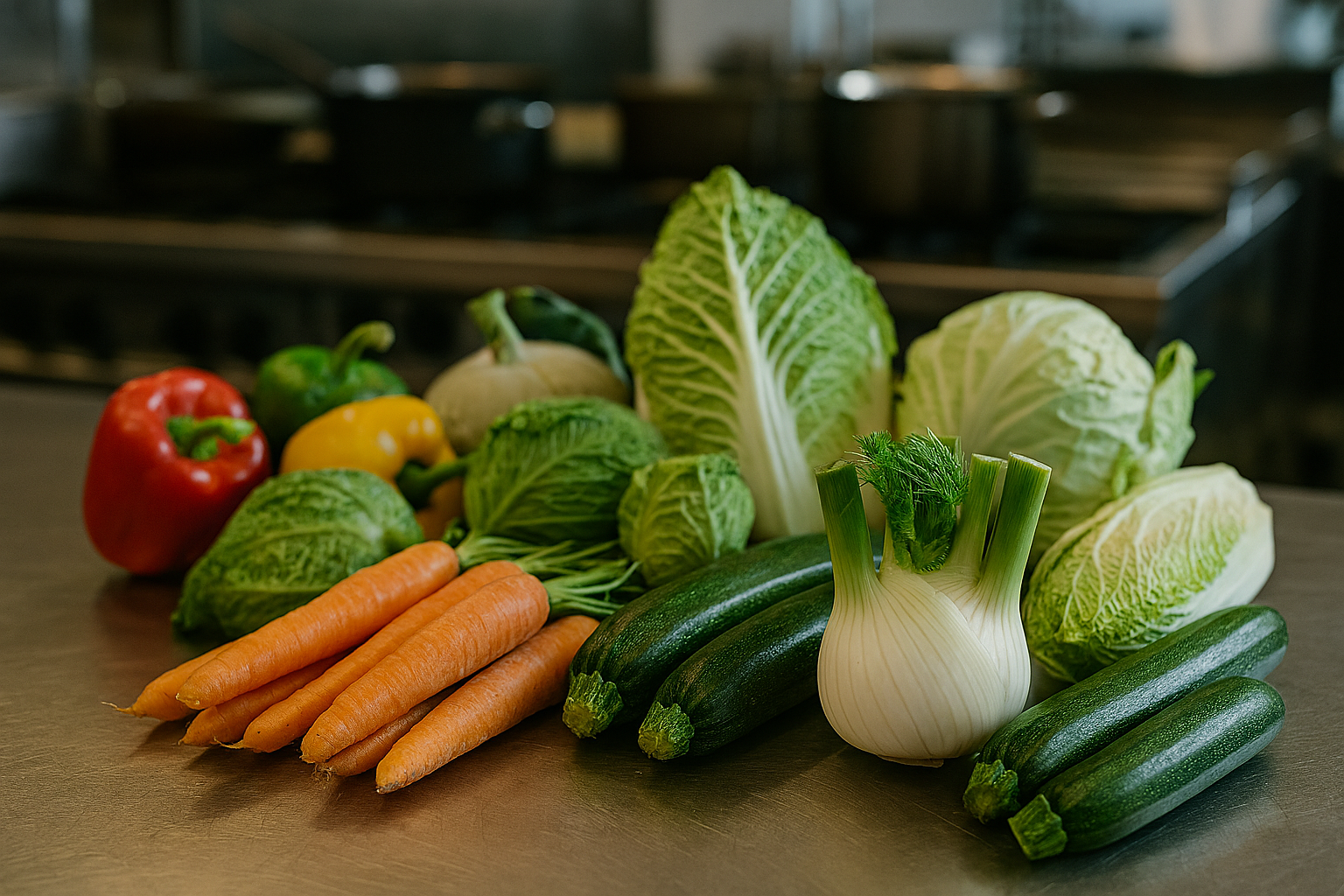 raw French vegetables arranged on a stainless steel countertop in a professional kitchen. The selection includes heirloom carrots, fennel bulbs with fronds, leeks, celery root, turnips, and shallots, all freshly washed and ready for preparation. A chef’s knife lies nearby, and the background features tiled walls, hanging copper pans, and ambient kitchen lighting. The image evokes classic French mise en place and seasonal cooking. Ideal for editorial content on French cuisine, vegetable prep, or professional kitchen workflows.