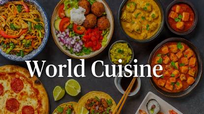 Flat-lay collage of iconic dishes from global cuisines arranged on a dark slate background. Includes Italian Margherita pizza, Japanese sushi and sashimi, Mexican tacos with guacamole, Indian chicken curry and paneer, Mediterranean falafel salad, and Asian stir-fried noodles. Centered white text reads World Cuisine. Each dish is plated in distinct ceramic or cast-iron serveware, highlighting regional diversity and culinary presentation.
