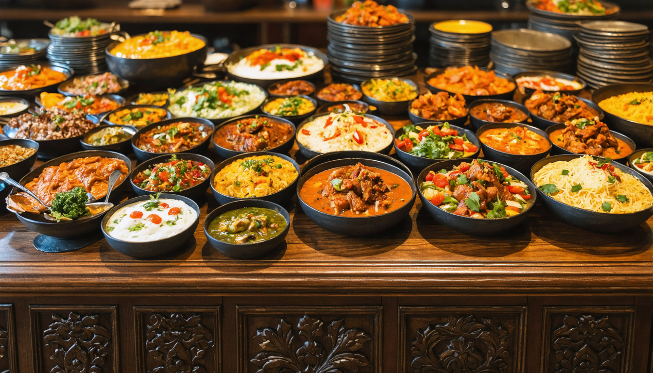 An Indian buffet on a carved wooden table. Dishes include lamb biryani, butter chicken, tandoori chicken, palak paneer, samosas, naan, and chana masala, with assorted chutneys and condiments.