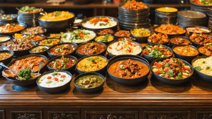 An Indian buffet on a carved wooden table. Dishes include lamb biryani, butter chicken, tandoori chicken, palak paneer, samosas, naan, and chana masala, with assorted chutneys and condiments.