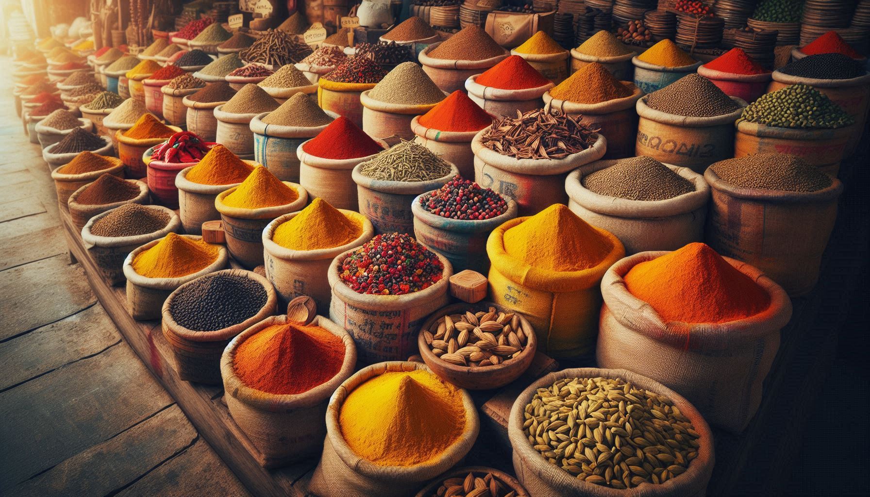 Indian spice market stall featuring open sacks and bowls filled with turmeric, chili powder, cumin, coriander seeds, cardamom, cloves, and fenugreek.