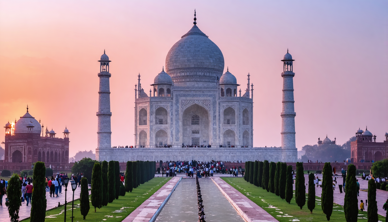 The Taj Mahal at sunset, with the white marble mausoleum bathed in warm golden light. The sky behind transitions from orange to deep purple, casting soft reflections on the Yamuna River. Silhouettes of minarets and the central dome stand out against the glowing horizon, evoking serenity and grandeu