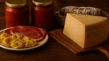 A rustic Italian kitchen scene featuring Parmigiano-Reggiano cheese, Prosciutto di Parma, fresh tortellini, canned tomatoes, and salami coils. Caption: Emilia-Romagna’s culinary treasures—cheese, pasta, cured meats, and tomatoes—capture the essence of Italy’s gastronomic heartland.