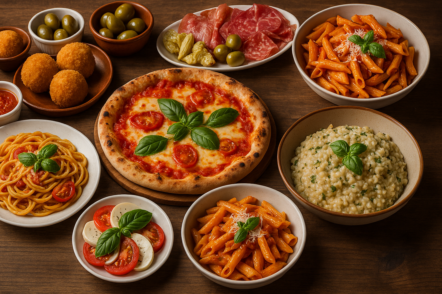 A buffet-style Italian meal on a rustic wooden table, featuring spaghetti with tomato and basil, creamy risotto, Caprese salad, arancini with marinara, Margherita pizza, penne in tomato sauce, and a platter of cured meats with olives and artichokes.