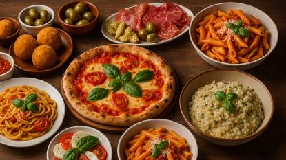 A buffet-style Italian meal on a rustic wooden table, featuring spaghetti with tomato and basil, creamy risotto, Caprese salad, arancini with marinara, Margherita pizza, penne in tomato sauce, and a platter of cured meats with olives and artichokes.