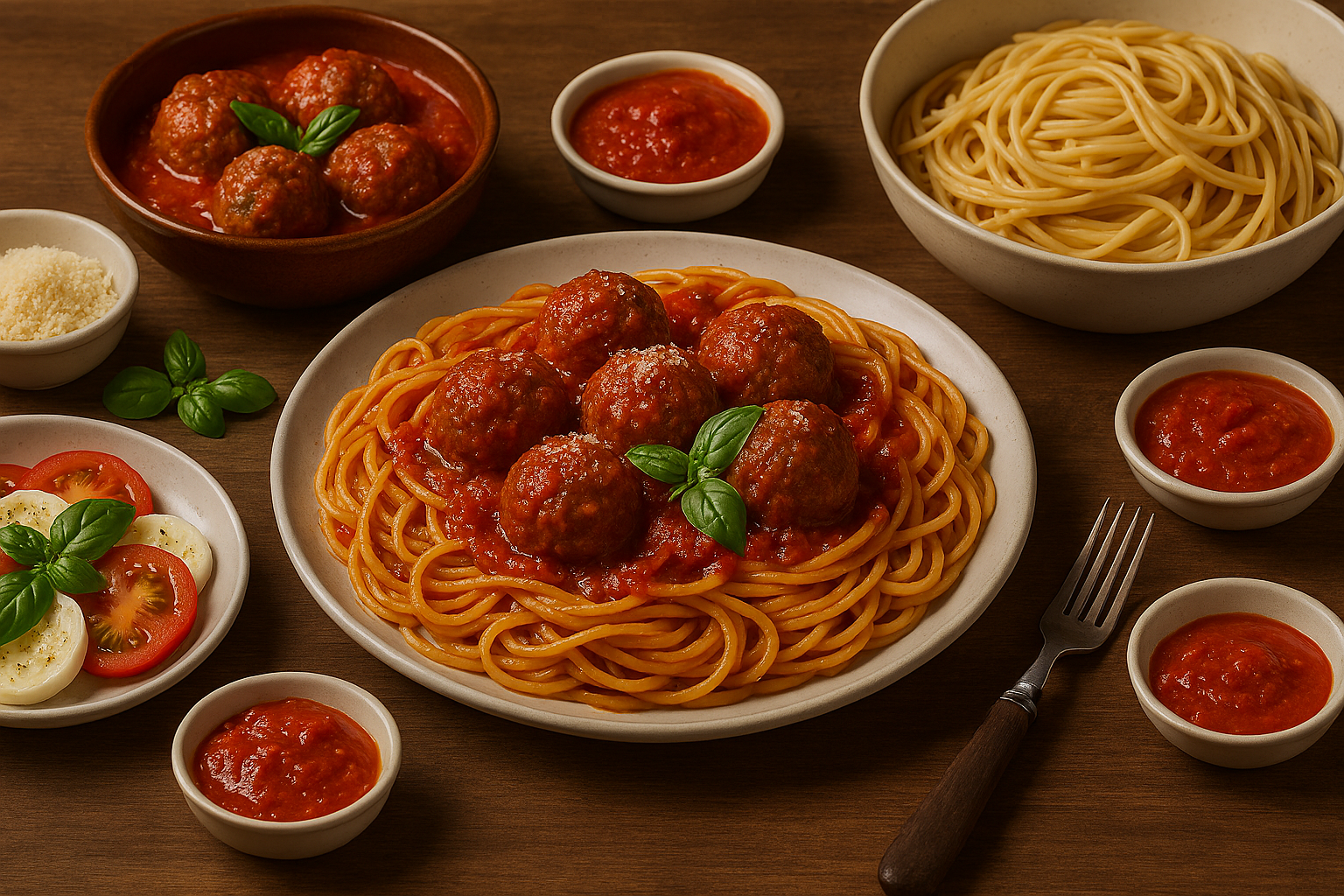 A buffet featuring classic Italian spaghetti and meatballs. A large white plate holds spaghetti coated in tomato sauce with five meatballs, garnished with Parmesan and basil.