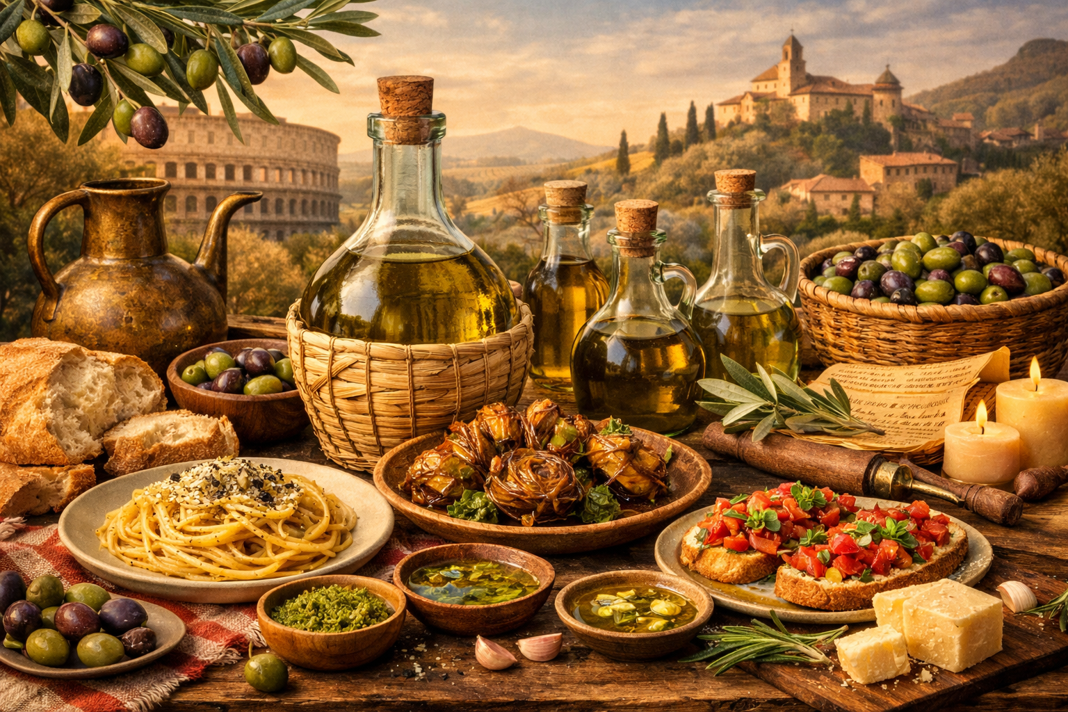 Italian Olive Oil showing bottles of extra virgin olive oil, fresh olives, bruschetta, pesto, and rustic bread on a wooden table, set against a sunlit Tuscan landscape with olive groves, cypress trees, and a hilltop village.