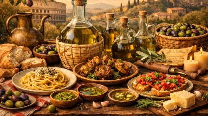 Italian Olive Oil showing bottles of extra virgin olive oil, fresh olives, bruschetta, pesto, and rustic bread on a wooden table, set against a sunlit Tuscan landscape with olive groves, cypress trees, and a hilltop village.