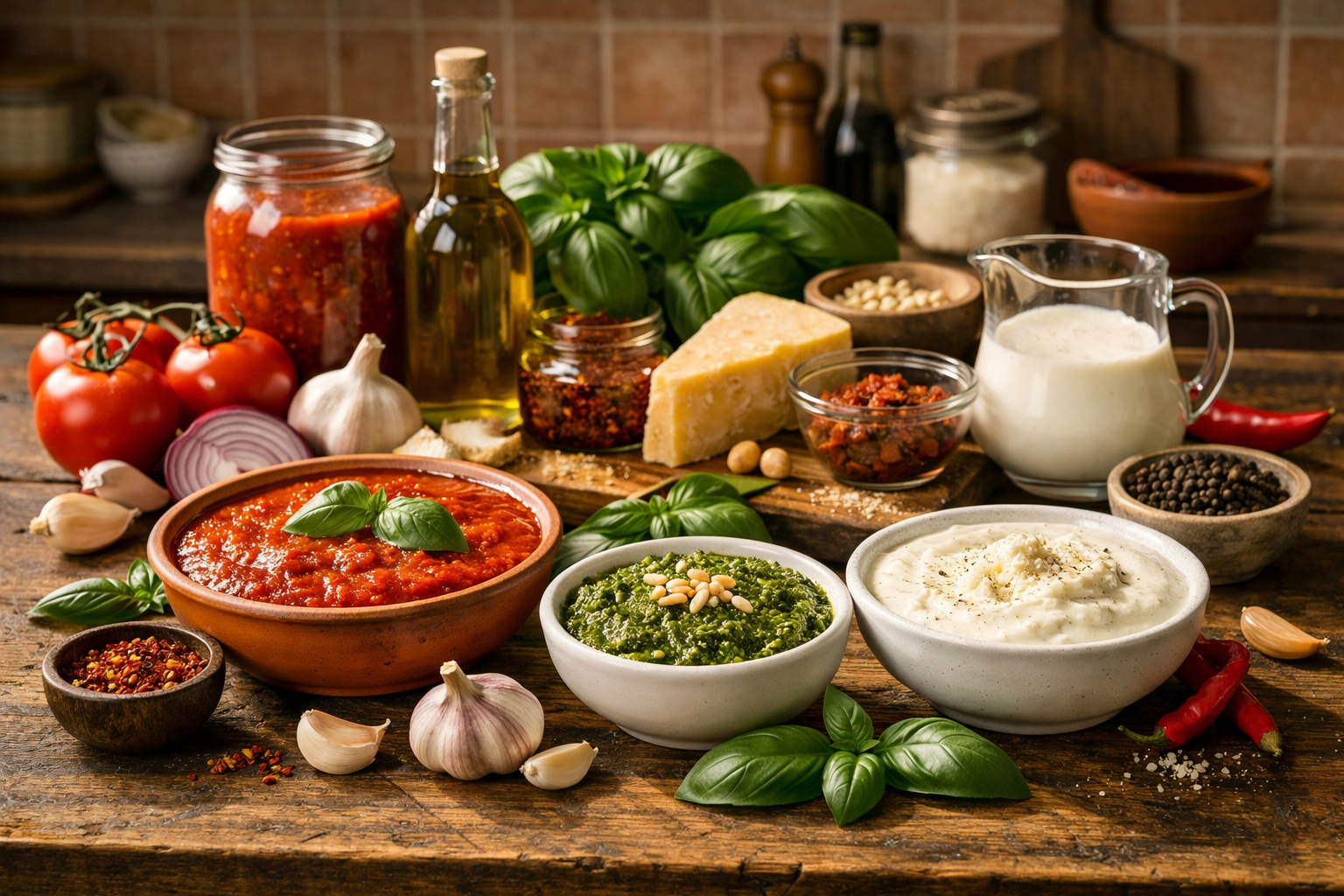 Italian sauces. Vibrant bowls of marinara, pesto, and Alfredo surrounded by fresh basil, tomatoes, garlic, Parmesan, olive oil, and cream on a rustic wooden kitchen table, illustrating authentic Italian cooking and traditional sauce ingredients.