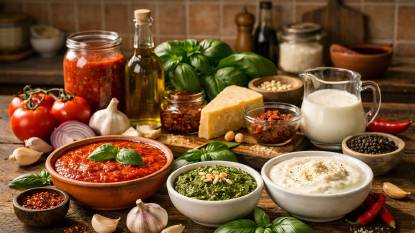 Italian sauces. Vibrant bowls of marinara, pesto, and Alfredo surrounded by fresh basil, tomatoes, garlic, Parmesan, olive oil, and cream on a rustic wooden kitchen table, illustrating authentic Italian cooking and traditional sauce ingredients.