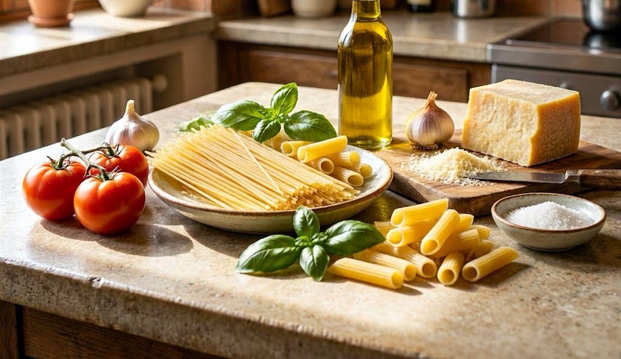 Rustic kitchen countertop displaying classic Italian staples, including fresh tomatoes, garlic bulbs, basil leaves, a wedge of Parmesan, olive oil, coarse salt, and bundles of spaghetti and rigatoni, all lit by soft natural light from a nearby window.