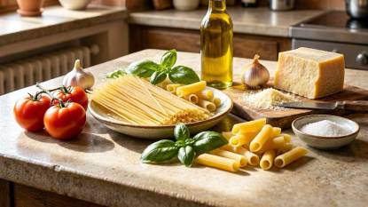 Rustic kitchen countertop displaying classic Italian staples, including fresh tomatoes, garlic bulbs, basil leaves, a wedge of Parmesan, olive oil, coarse salt, and bundles of spaghetti and rigatoni, all lit by soft natural light from a nearby window.