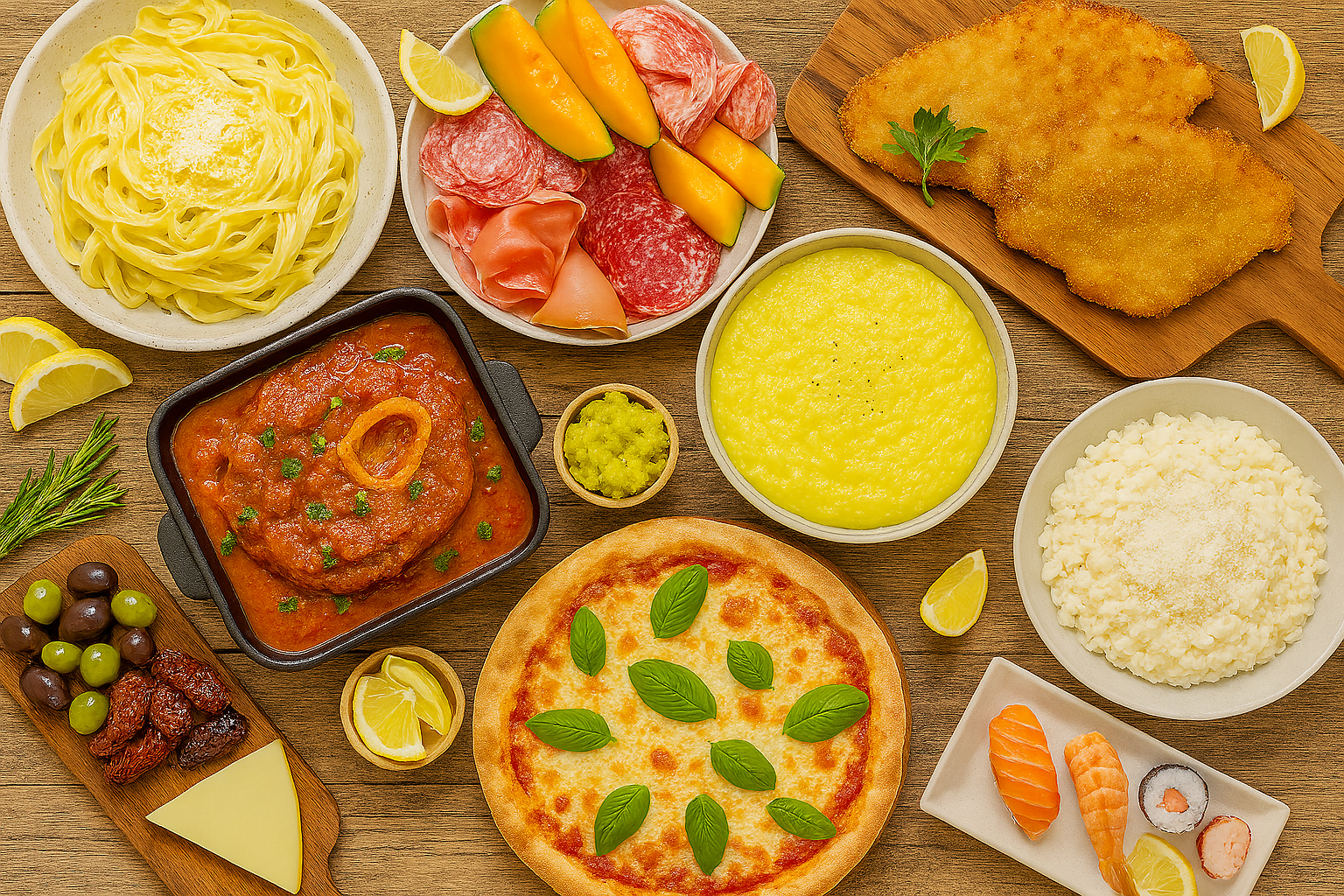 Overhead image of a Northern Italian buffet arranged on a rustic wooden table. Dishes include creamy yellow risotto alla Milanese, braised veal ossobuco in tomato sauce, polenta with mushrooms, vitello tonnato with capers and sauce, and tortellini in brodo. Serveware includes ceramic bowls, cast-iron pans, and wooden boards. Wine glasses and herb garnishes accent the scene. Lighting is warm and natural, emphasizing the textures and colors of each dish.