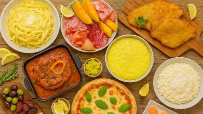 Overhead image of a Northern Italian buffet arranged on a rustic wooden table. Dishes include creamy yellow risotto alla Milanese, braised veal ossobuco in tomato sauce, polenta with mushrooms, vitello tonnato with capers and sauce, and tortellini in brodo. Serveware includes ceramic bowls, cast-iron pans, and wooden boards. Wine glasses and herb garnishes accent the scene. Lighting is warm and natural, emphasizing the textures and colors of each dish.