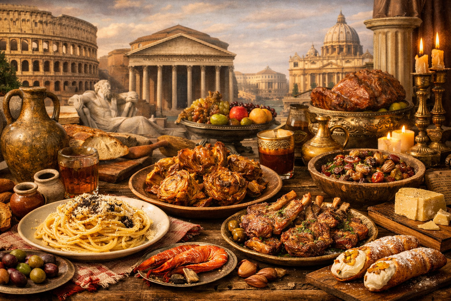 Roman cuisine history featuring traditional dishes, cacio e pepe, carciofi alla giudia, and abbacchio lamb — arranged on a rustic Roman table with ancient garum amphorae, bread, and wine. In the background, classical Roman architecture evokes the city's culinary heritage from Apicius to Pope Leo X banquets, highlighting cucina povera and Jewish Ghetto influences.