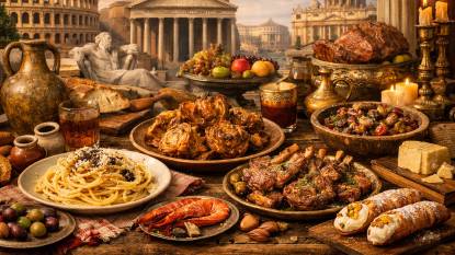 Roman cuisine history featuring traditional dishes, cacio e pepe, carciofi alla giudia, and abbacchio lamb — arranged on a rustic Roman table with ancient garum amphorae, bread, and wine. In the background, classical Roman architecture evokes the city's culinary heritage from Apicius to Pope Leo X banquets, highlighting cucina povera and Jewish Ghetto influences.