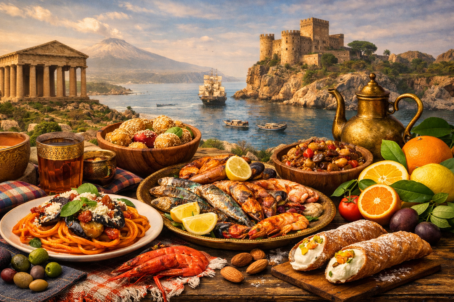 Sicilian cuisine editorial photograph featuring traditional dishes — spaghetti alla Norma, grilled seafood platter, caponata, and cannoli — arranged on a rustic table with citrus fruits and brass cookware, set against a coastal backdrop with Mount Etna, a Greek temple, and a Norman castle.