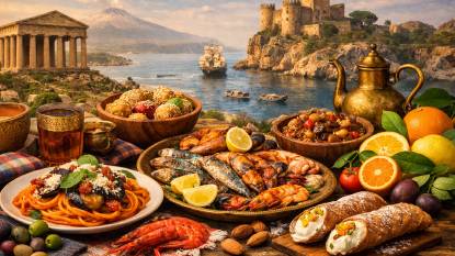 Sicilian cuisine editorial photograph featuring traditional dishes — spaghetti alla Norma, grilled seafood platter, caponata, and cannoli — arranged on a rustic table with citrus fruits and brass cookware, set against a coastal backdrop with Mount Etna, a Greek temple, and a Norman castle.