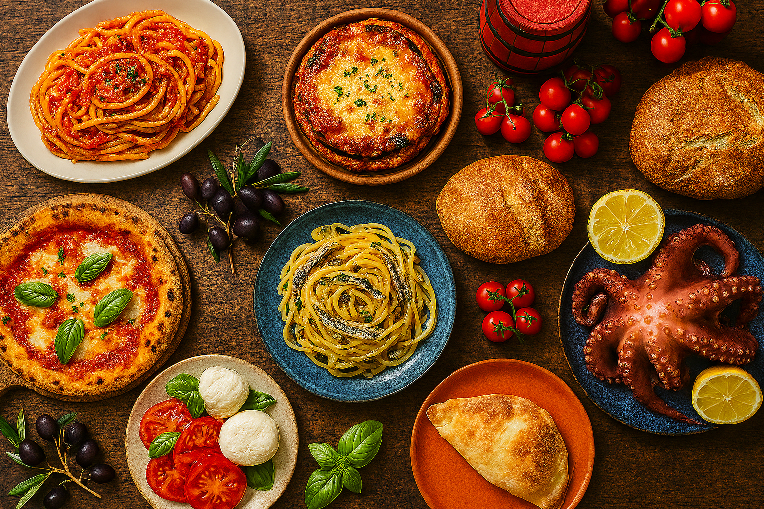 Overhead image of a rustic wooden table filled with Southern Italian dishes. Visible items include Neapolitan pizza with charred crust and fresh basil, spaghetti with tomato and anchovy sauce, grilled sardines, ricotta-stuffed calzone, focaccia topped with rosemary, and a cheese board featuring pecorino and mozzarella. Olive oil bottles, fresh tomatoes, lemons, and a bundle of cherry tomatoes add color. In the background, a soft-focus Mediterranean coastal scene suggests the regional origin. The lighting is warm and natural, emphasizing the textures and vibrant colors of the food.