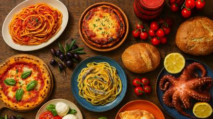 Overhead image of a rustic wooden table filled with Southern Italian dishes. Visible items include Neapolitan pizza with charred crust and fresh basil, spaghetti with tomato and anchovy sauce, grilled sardines, ricotta-stuffed calzone, focaccia topped with rosemary, and a cheese board featuring pecorino and mozzarella. Olive oil bottles, fresh tomatoes, lemons, and a bundle of cherry tomatoes add color. In the background, a soft-focus Mediterranean coastal scene suggests the regional origin. The lighting is warm and natural, emphasizing the textures and vibrant colors of the food.