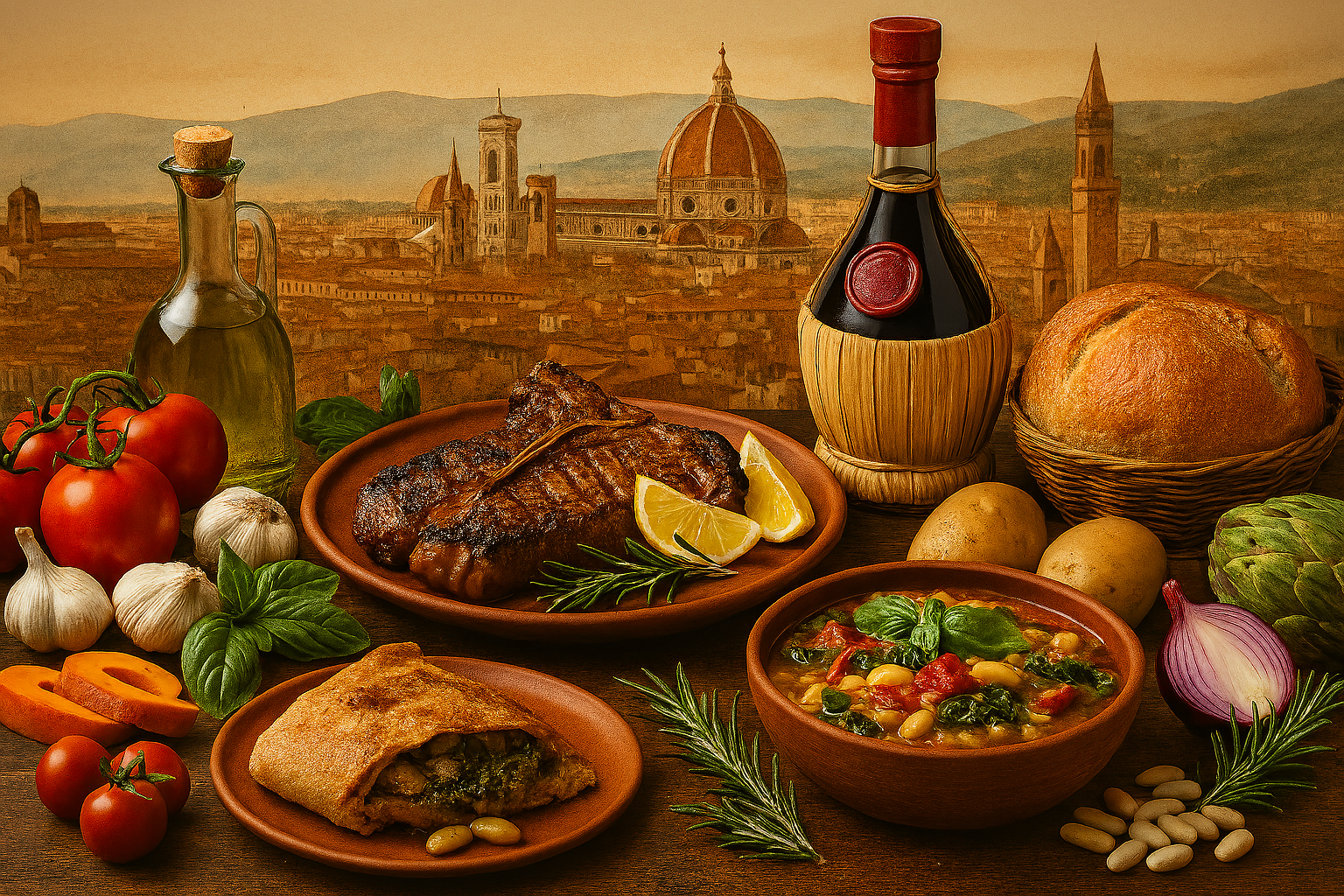 Overhead view of a rustic Tuscan feast set on a weathered wooden table in a sunlit courtyard. At the center, a thick Bistecca alla Fiorentina with charred grill marks rests on a terracotta platter, garnished with rosemary and lemon wedges. Surrounding it are a straw‑wrapped bottle of Chianti wine, a cruet of golden olive oil, a bowl of ribollita soup with white beans and kale, roasted artichokes, fresh tomatoes on the vine, garlic bulbs, and sprigs of sage and basil. In the softly blurred background, rolling Tuscan hills dotted with cypress trees lead to a terracotta roofed villa under a warm, late afternoon sky.