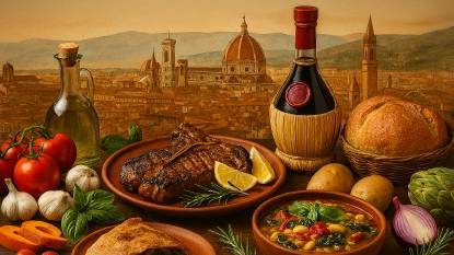 Overhead view of a rustic Tuscan feast set on a weathered wooden table in a sunlit courtyard. At the center, a thick Bistecca alla Fiorentina with charred grill marks rests on a terracotta platter, garnished with rosemary and lemon wedges. Surrounding it are a straw‑wrapped bottle of Chianti wine, a cruet of golden olive oil, a bowl of ribollita soup with white beans and kale, roasted artichokes, fresh tomatoes on the vine, garlic bulbs, and sprigs of sage and basil. In the softly blurred background, rolling Tuscan hills dotted with cypress trees lead to a terracotta roofed villa under a warm, late afternoon sky.