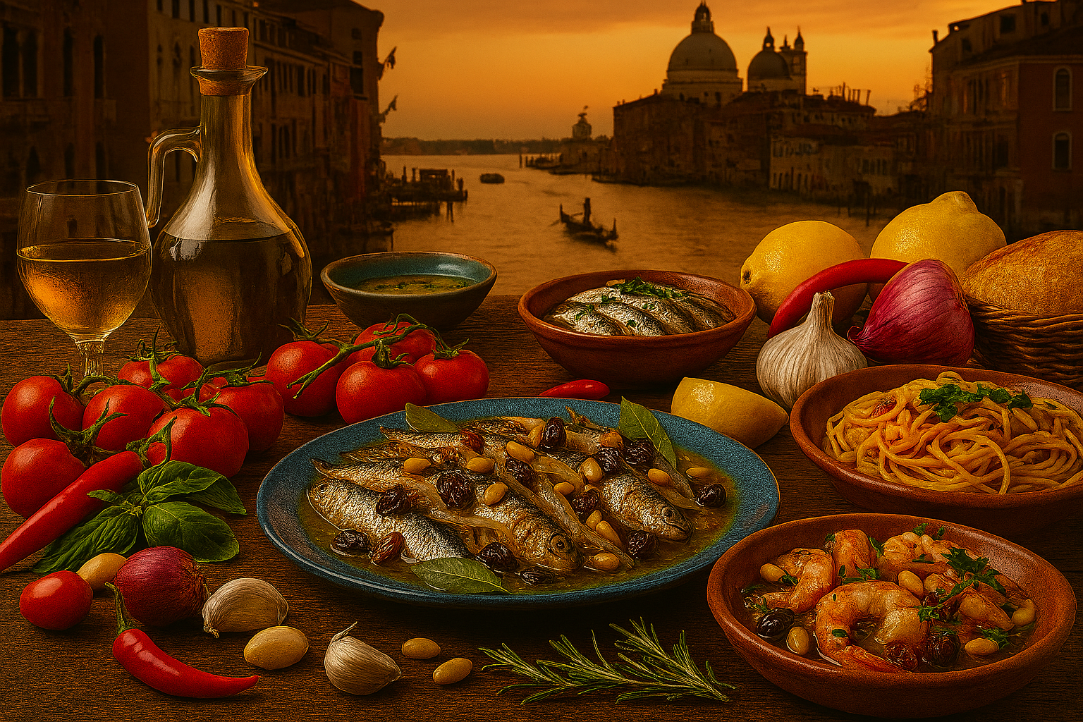 Canal-side table in Venice at golden hour, set with traditional dishes including sarde in saor garnished with bay leaves, a bowl of risi e bisi, and bigoli in salsa. The table features Venetian glassware, a carafe of pale white wine, a small dish of nutmeg and pine nuts, and fresh ingredients such as tomatoes on the vine, garlic, lemons, and a red onion. In the background, gondolas drift along the Grand Canal past pastel-coloured palazzi, with the domes of the Basilica di Santa Maria della Salute silhouetted against a warm orange sky.