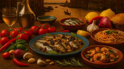 Canal-side table in Venice at golden hour, set with traditional dishes including sarde in saor garnished with bay leaves, a bowl of risi e bisi, and bigoli in salsa. The table features Venetian glassware, a carafe of pale white wine, a small dish of nutmeg and pine nuts, and fresh ingredients such as tomatoes on the vine, garlic, lemons, and a red onion. In the background, gondolas drift along the Grand Canal past pastel-coloured palazzi, with the domes of the Basilica di Santa Maria della Salute silhouetted against a warm orange sky.