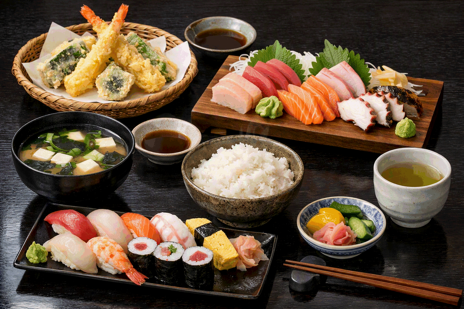 A traditional Japanese meal spread featuring sushi and sashimi platters, a steaming bowl of miso soup with tofu and wakame, tempura shrimp and vegetables, a bowl of steaming rice, pickled vegetables, and green tea, all arranged on a dark lacquer table with ceramic dishware.