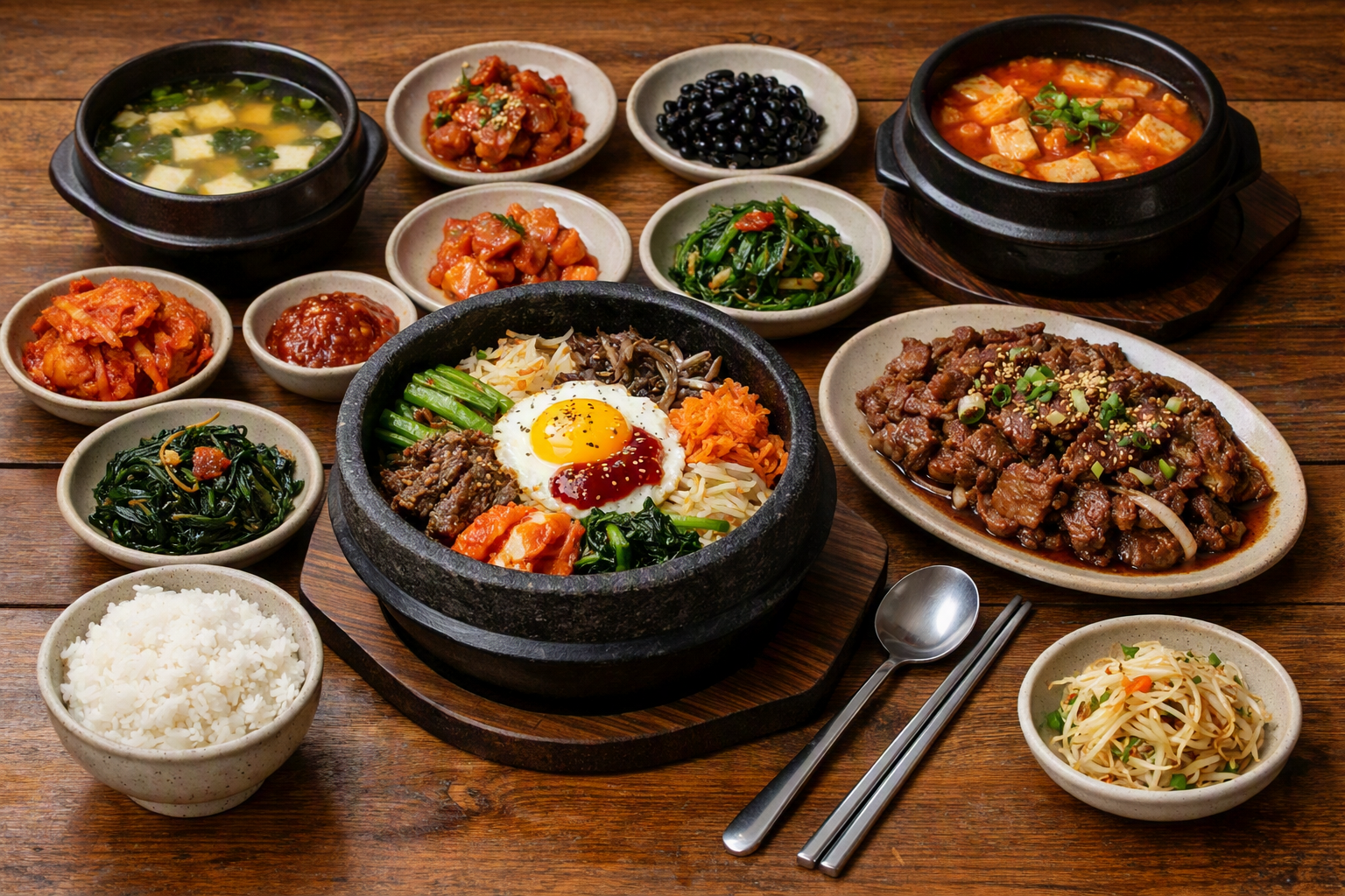 A traditional Korean table spread featuring bibimbap in a stone bowl, bulgogi, an array of colorful banchan side dishes, kimchi, rice, and soups, arranged on a wooden table with metal chopsticks and spoons.