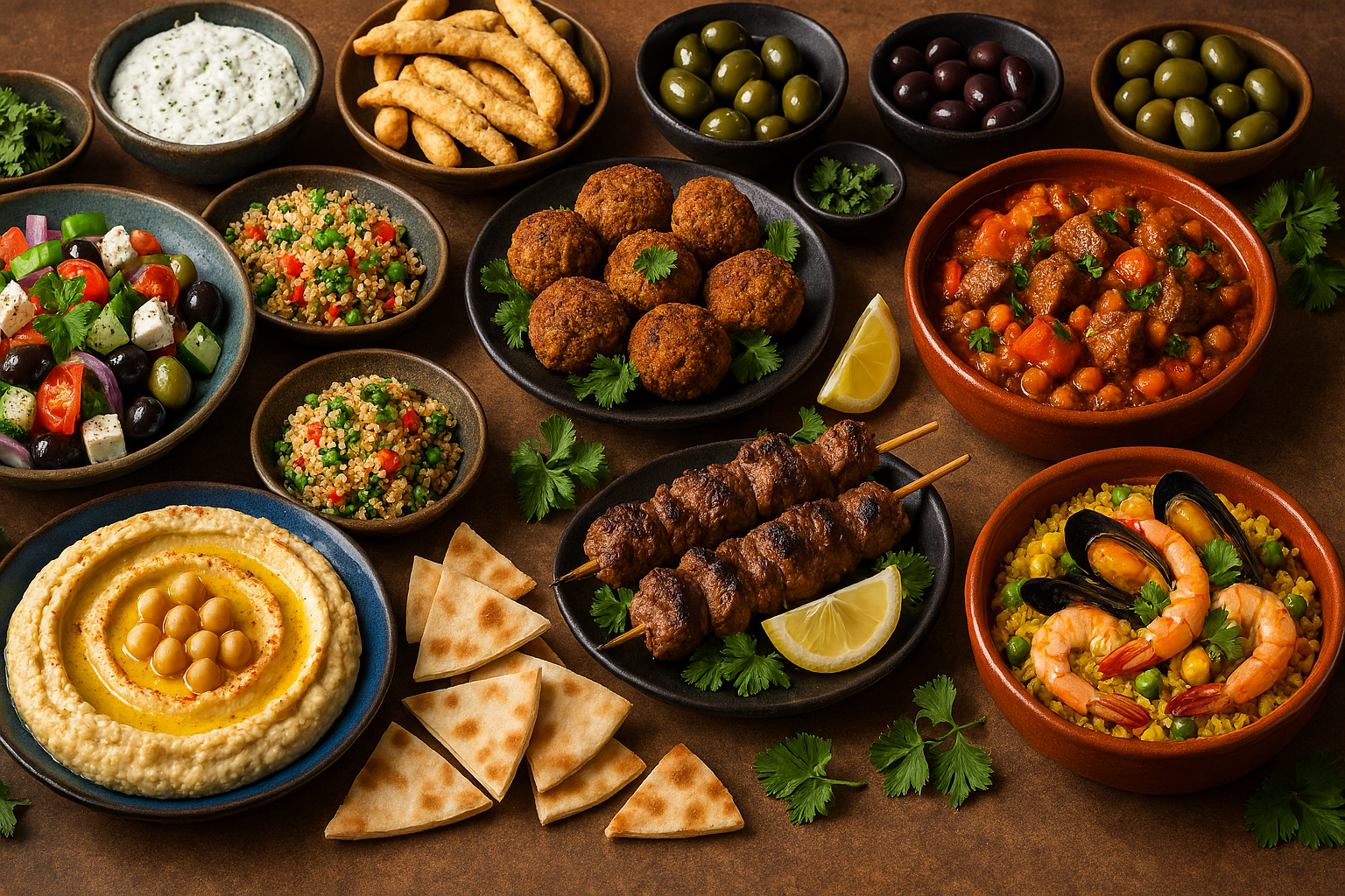 A vibrant Mediterranean buffet featuring hummus, Greek salad, falafel, grilled meat skewers, Moroccan tagine, seafood paella, olives, pita bread, and tabbouleh, all arranged on rustic ceramic plates and bowls across a textured brown table. The image showcases colorful ingredients like tomatoes, cucumbers, parsley, chickpeas, and lemon wedges, emphasizing freshness and regional diversity.
