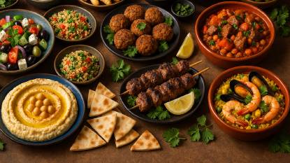 A vibrant Mediterranean buffet featuring hummus, Greek salad, falafel, grilled meat skewers, Moroccan tagine, seafood paella, olives, pita bread, and tabbouleh, all arranged on rustic ceramic plates and bowls across a textured brown table. The image showcases colorful ingredients like tomatoes, cucumbers, parsley, chickpeas, and lemon wedges, emphasizing freshness and regional diversity.