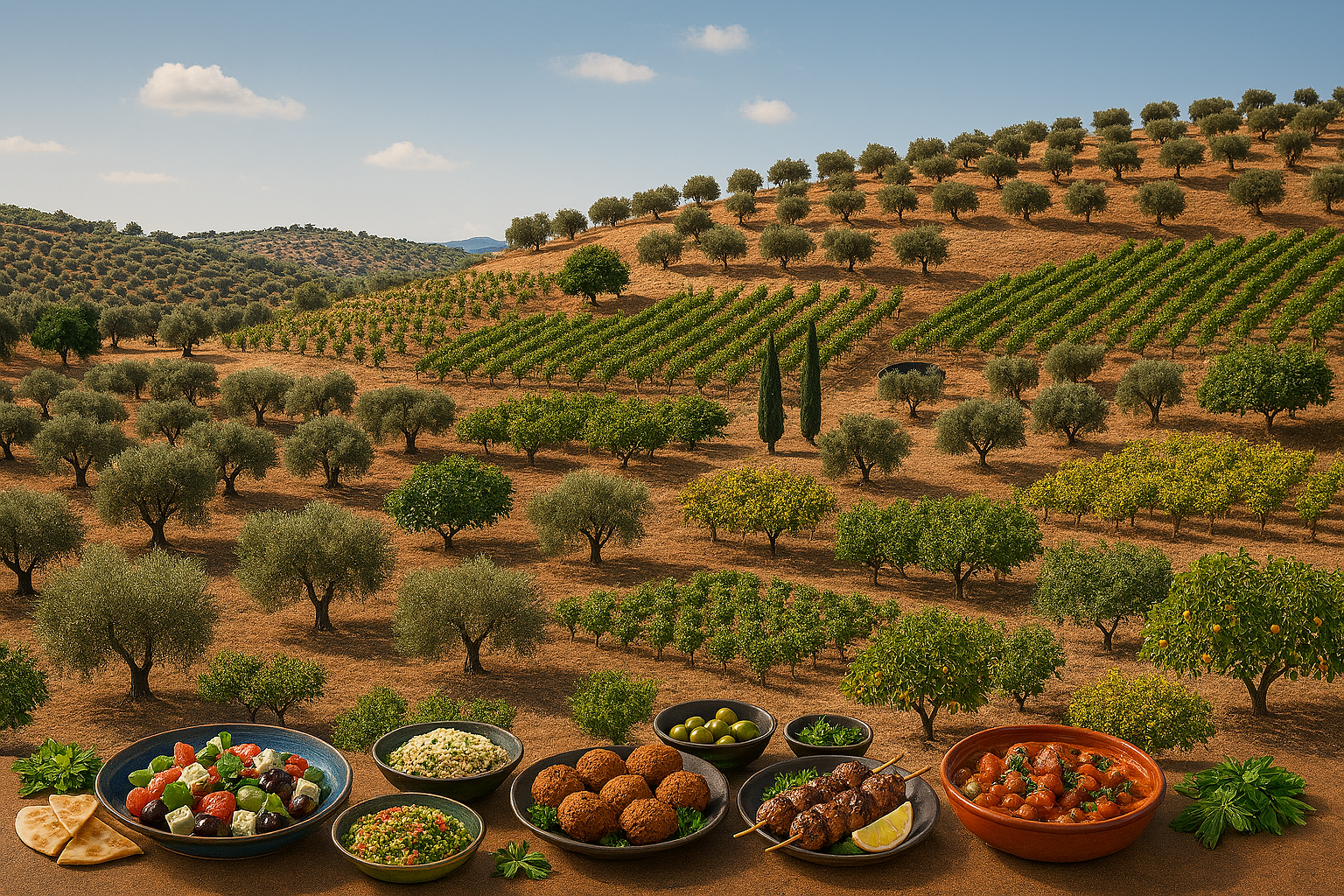 Mediterranean agricultural terrain featuring olive groves, fig trees, vineyards, and orchards of almonds, lemons, and stone fruits. The dry, sunlit hills are dotted with trees adapted to arid conditions. In the foreground, baskets of apricots and plums evoke open-air Arab markets. Wheat fields suggest semolina production for pasta and couscous, while sacks of bulgar and arborio rice rest on a stone ledge. The scene captures the diversity of Mediterranean crops and the terrain that sustains them. Ideal for editorial content on Mediterranean agriculture, culinary geography, or regional food traditions.