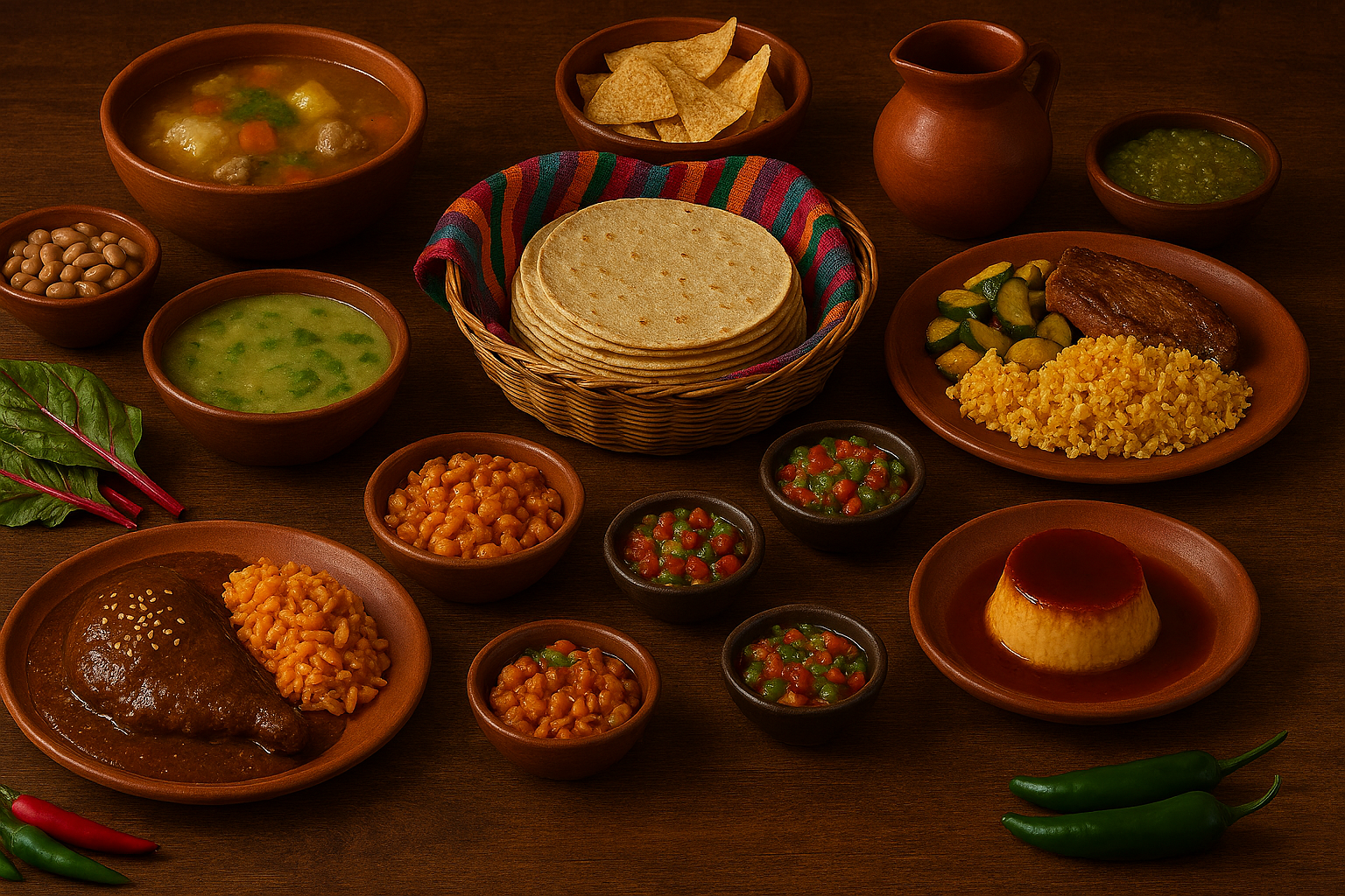 Rustic Mexican table with mole chicken, rice, tortillas, soups, salsa, flan, and fresh vegetables.