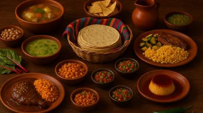 Rustic Mexican table with mole chicken, rice, tortillas, soups, salsa, flan, and fresh vegetables.
