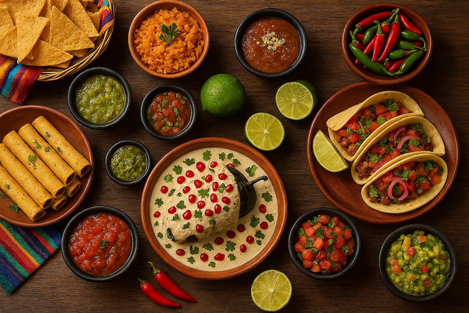 A vibrant Mexican feast spread across a rustic wooden table, packed with traditional dishes in earthenware, terracotta, and wooden bowls that create a warm, earthy feel. At the center sits chiles en nogada topped with creamy walnut sauce and pomegranate seeds, flanked by golden taquitos with cilantro and a bowl of chunky red salsa. To the right, three soft corn tacos filled with seasoned meat, tomatoes, red onions, and cilantro sit beside lime wedges and guacamole. A woven basket lined with a colorful Mexican textile holds tortilla chips, while surrounding bowls feature Mexican rice, refried beans with cheese, pico de gallo, green salsa, and deep red salsa.
