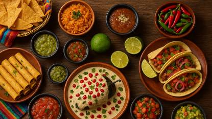 A vibrant Mexican feast spread across a rustic wooden table, packed with traditional dishes in earthenware, terracotta, and wooden bowls that create a warm, earthy feel. At the center sits chiles en nogada topped with creamy walnut sauce and pomegranate seeds, flanked by golden taquitos with cilantro and a bowl of chunky red salsa. To the right, three soft corn tacos filled with seasoned meat, tomatoes, red onions, and cilantro sit beside lime wedges and guacamole. A woven basket lined with a colorful Mexican textile holds tortilla chips, while surrounding bowls feature Mexican rice, refried beans with cheese, pico de gallo, green salsa, and deep red salsa.