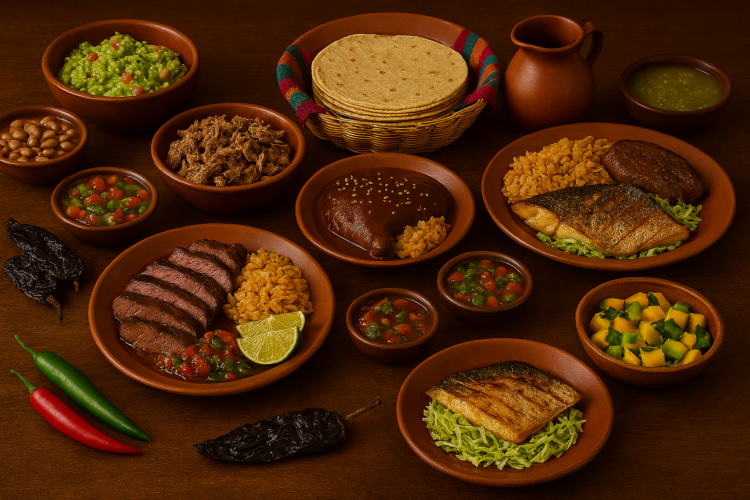 A rustic Mexican table set with grilled meats and fresh seafood, including seared beef, roasted pork, and seasoned fish fillets, surrounded by vibrant accompaniments such as charred vegetables, citrus wedges, salsas, and warm tortillas. The dishes are arranged in earthenware plates under warm, natural light, highlighting the rich colors and textures that define traditional Mexican carnes y pescados