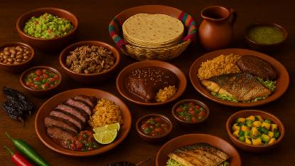 A rustic Mexican table set with grilled meats and fresh seafood, including seared beef, roasted pork, and seasoned fish fillets, surrounded by vibrant accompaniments such as charred vegetables, citrus wedges, salsas, and warm tortillas. The dishes are arranged in earthenware plates under warm, natural light, highlighting the rich colors and textures that define traditional Mexican carnes y pescados