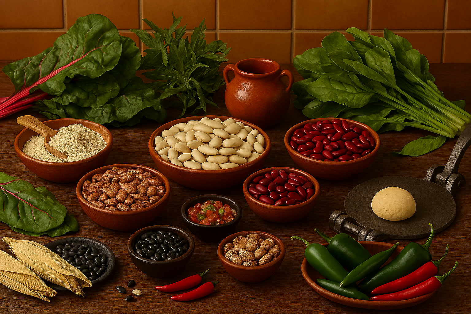 Rustic kitchen counter with a stack of warm corn tortillas on a terracotta plate, a tortilla cooking on a cast‑iron comal, an open tortilla press holding a ball of masa dough, a basket lined with a colorful Mexican textile filled with fresh tortillas, and surrounding ingredients like corn flour, dried corn, and earthenware pots under warm natural lighting.