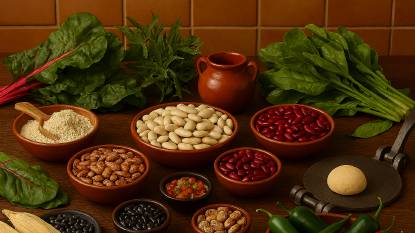 Rustic kitchen counter with a stack of warm corn tortillas on a terracotta plate, a tortilla cooking on a cast‑iron comal, an open tortilla press holding a ball of masa dough, a basket lined with a colorful Mexican textile filled with fresh tortillas, and surrounding ingredients like corn flour, dried corn, and earthenware pots under warm natural lighting.