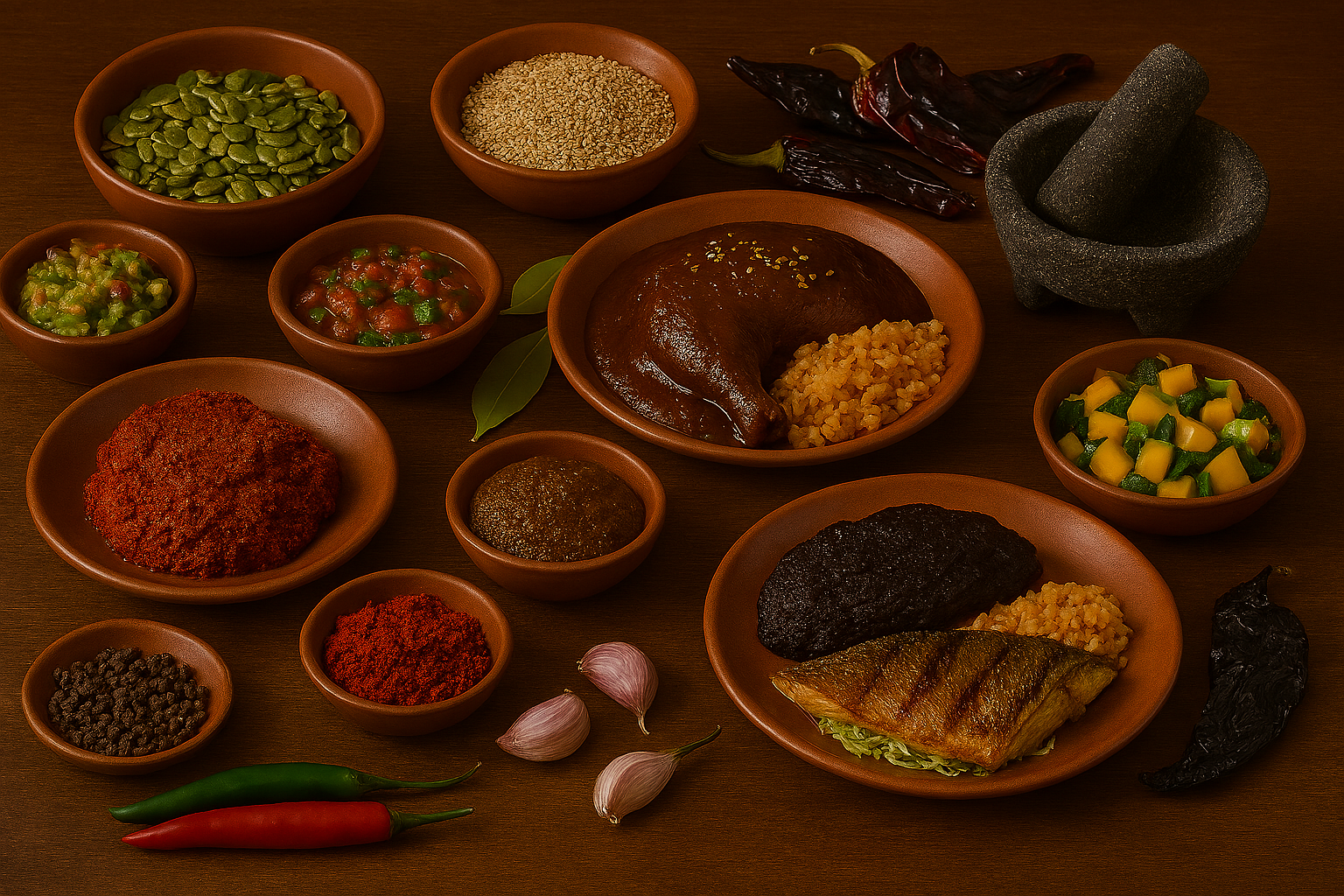 Rustic Mexican spread featuring grilled steak, crispy fish, mole chicken, carnitas, fresh salsas, guacamole, and warm tortillas.