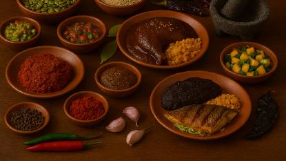 Rustic Mexican spread featuring grilled steak, crispy fish, mole chicken, carnitas, fresh salsas, guacamole, and warm tortillas.