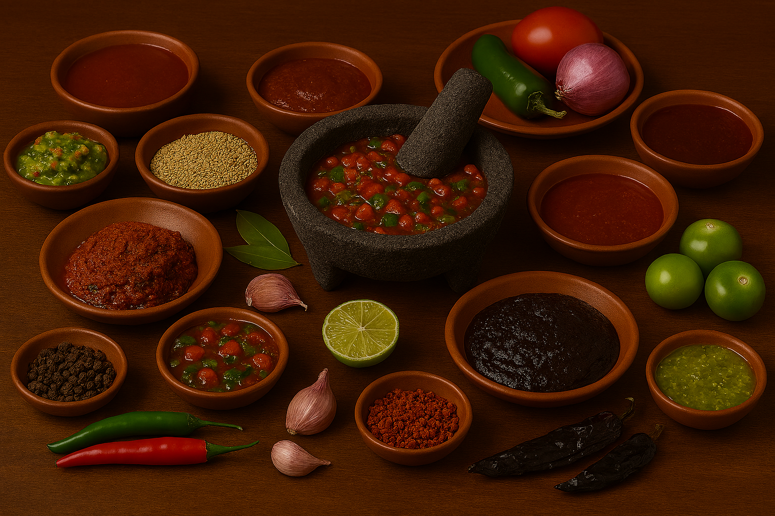 Rustic Mexican table displaying achiote, adobo, pipián, and mole pastes surrounded by dried chiles, pumpkin seeds, sesame seeds, garlic, spices, citrus, and a stone molcajete.