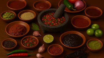Rustic Mexican table displaying achiote, adobo, pipián, and mole pastes surrounded by dried chiles, pumpkin seeds, sesame seeds, garlic, spices, citrus, and a stone molcajete.